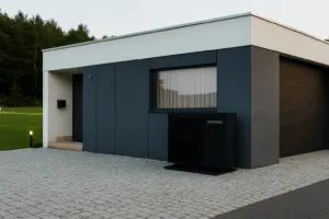 Unidad exterior de aerotermia Samsung EHS negra instalada en fachada moderna de vivienda unifamiliar en Málaga, sistema de climatización eficiente por bomba de calor.